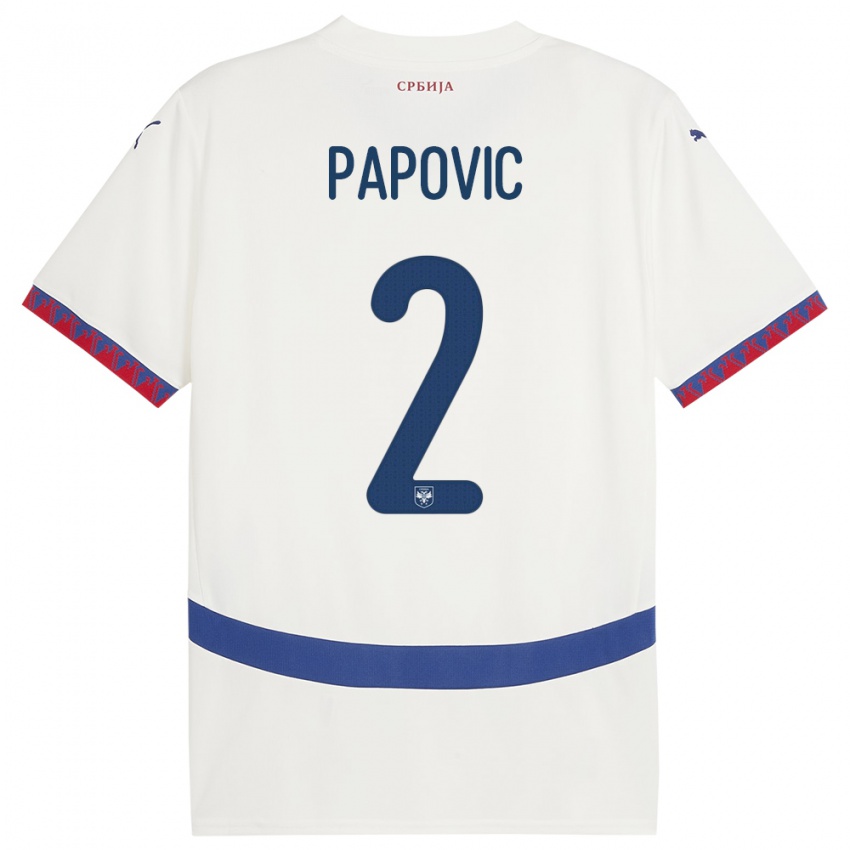 ילדים סרביה Niksa Papovic #2 לבן הרחק ג'רזי 24-26 חולצה קצרה