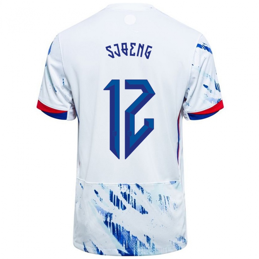 ילדים נורבגיה Magnus Sjøeng #12 לבן כחול הרחק ג'רזי 24-26 חולצה קצרה