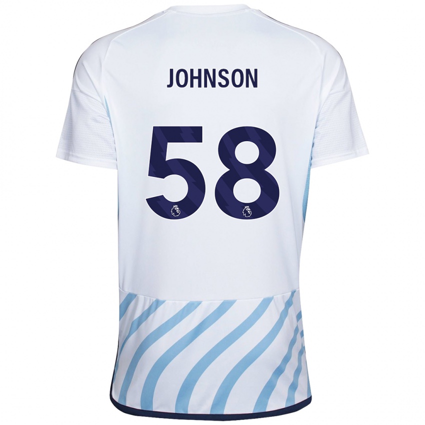 נשים פארל ג׳ונסון #58 לבן כחול הרחק ג'רזי 2023/24 חולצה קצרה
