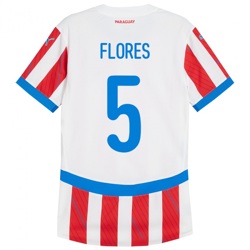 ילדים פרגוואי Gilberto Flores #5 לבן אדום ג'רזי ביתית 24-26 חולצה קצרה