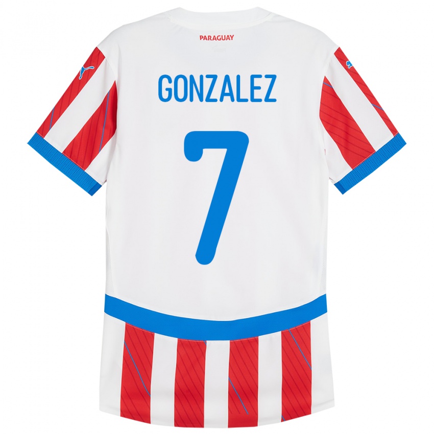 נשים פרגוואי Diego González #7 לבן אדום ג'רזי ביתית 24-26 חולצה קצרה