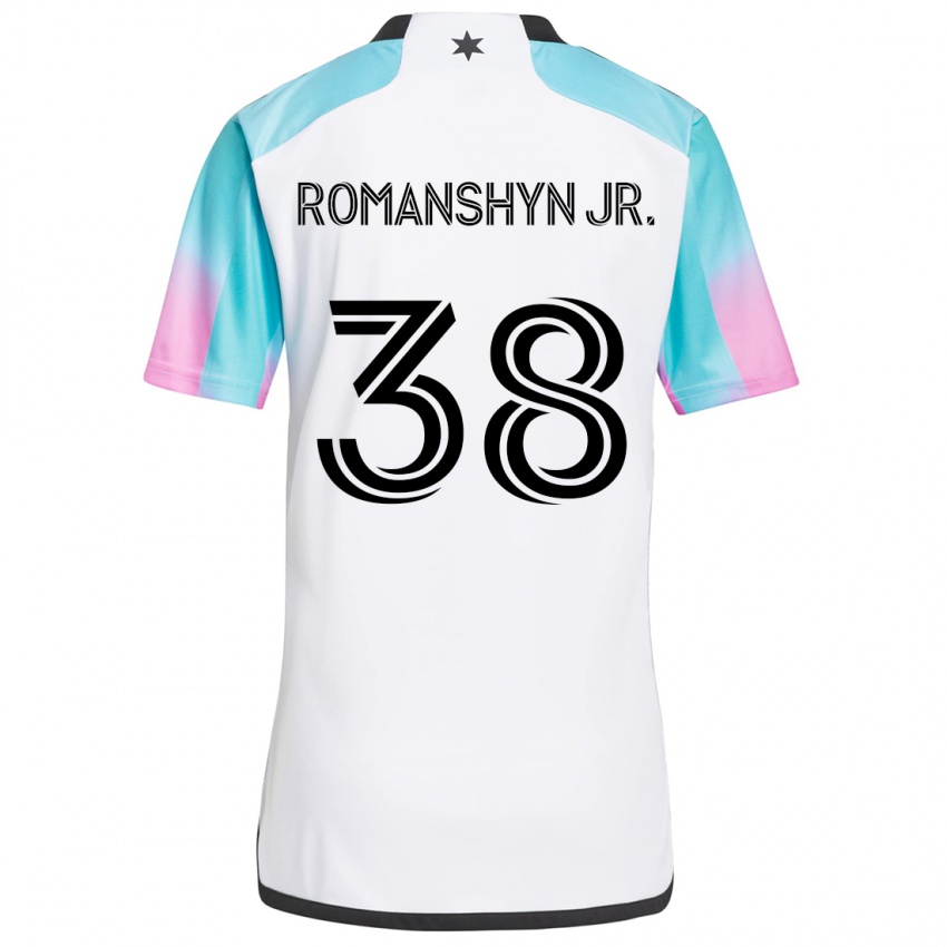 ילדים Kage Romanshyn Jr. #38 לבן כחול שחור הרחק ג'רזי 2024/25 חולצה קצרה