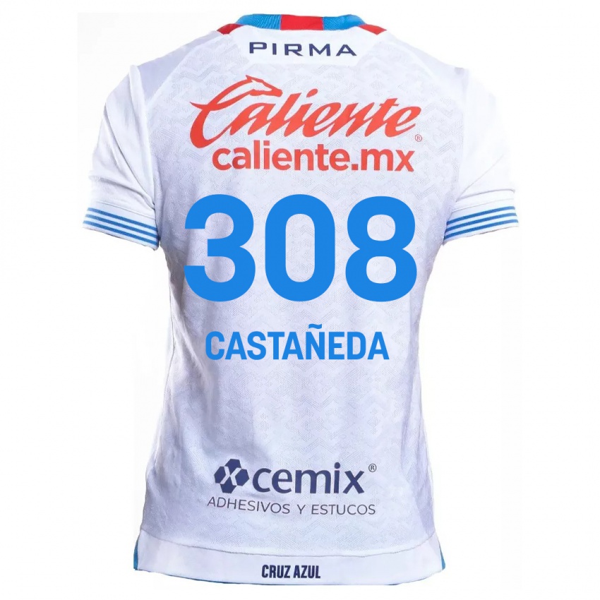 ילדים Emiliano Castañeda #308 לבן אדוםלבן כחול הרחק ג'רזי 2024/25 חולצה קצרה