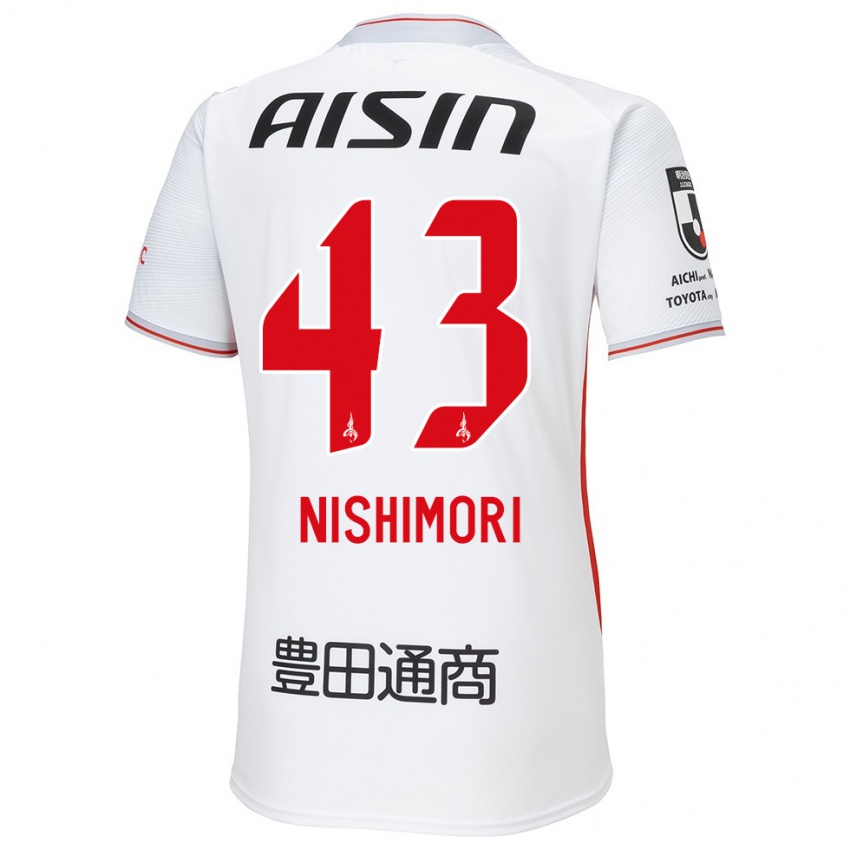 גברים Yuto Nishimori #43 לבן צהוב אדום הרחק ג'רזי 2024/25 חולצה קצרה