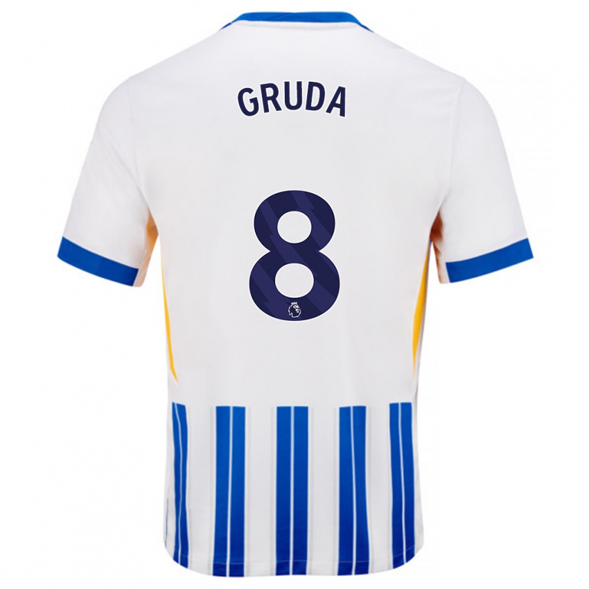 גברים Brajan Gruda #8 פסי סיכה כחולים לבנים ג'רזי ביתית 2024/25 חולצה קצרה