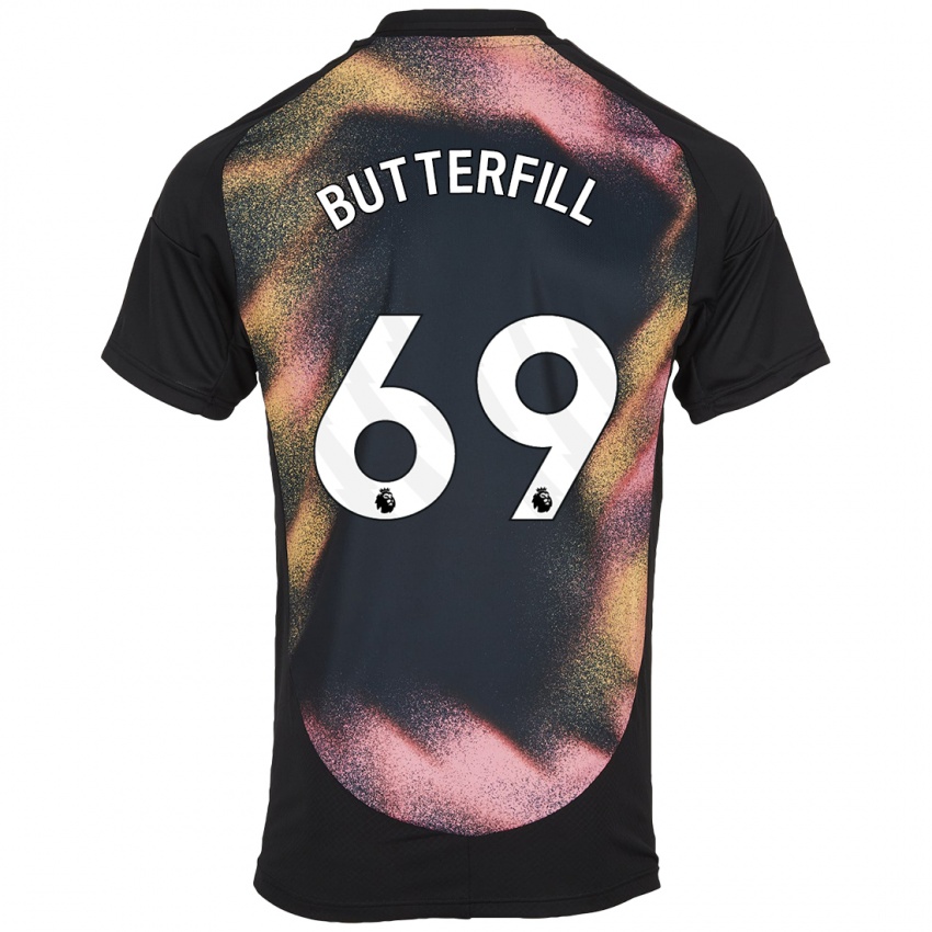 גברים Jack Butterfill #69 שחור לבן הרחק ג'רזי 2024/25 חולצה קצרה